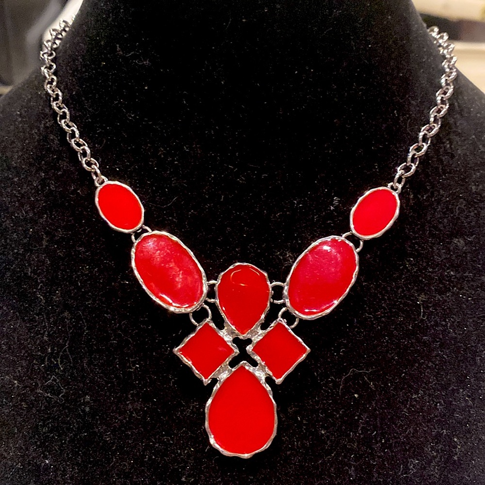 Silver Tone And Red Enamel Statement Necklace - image 1